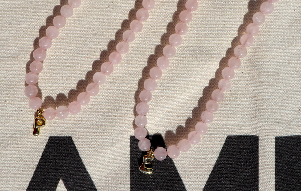 Letter Charm Necklace - Rose Quartz